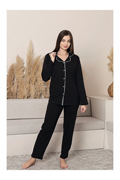 FORMO 100% Cotton Piping Shirt Collar Buttoned Long Sleeve Women's Pajama Set