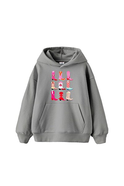 Bak Moda Hanorac gri supradimensionat unisex cu imprimeu distractiv de cowboy