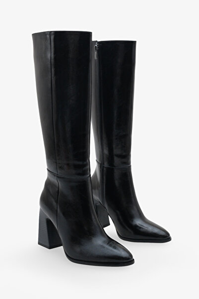 LOJO Women's Pointed Toe Side Zipper Heeled Casual Boots İroles Black
