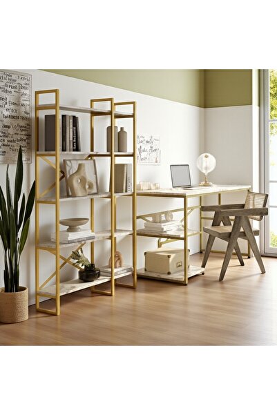 Robin Home Gold Çalışma Masası ve Gold Kitaplık Metal Ayaklı 2'li Set