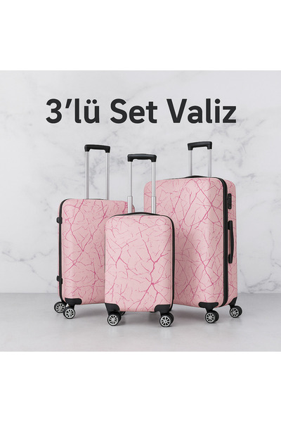 Wexta Valiz - Kabin & Orta & Büyük 3'lü Set - Wx-300 Baskılı Şeker Pembe 3 'lü Set Valiz