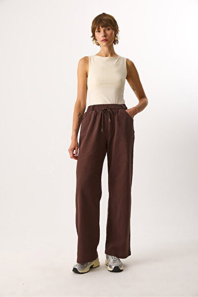 VENA Wide Leg 100% Cotton Trousers with Elastic Waist - Brown