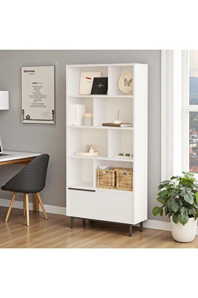 Robin Home Kitaplık Raf Metal Ayaklı 176cm Kapaklı Beyaz