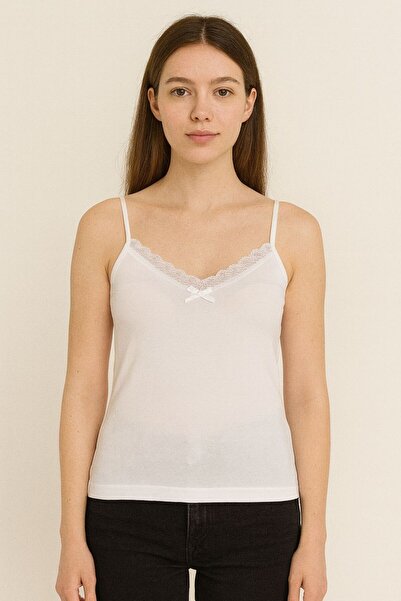 MAVİ QUMSAL Γυναικείο Λευκό Αθλητικό Τοπ με Δαντελένια Λουράκια