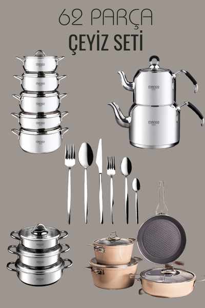 WEYNE Mango Kitchen 62 Piece Dowry Set Steel Cookware Sets, Tea Pot, Stainless Steel Set, Swiss Crystal Steel Bowl