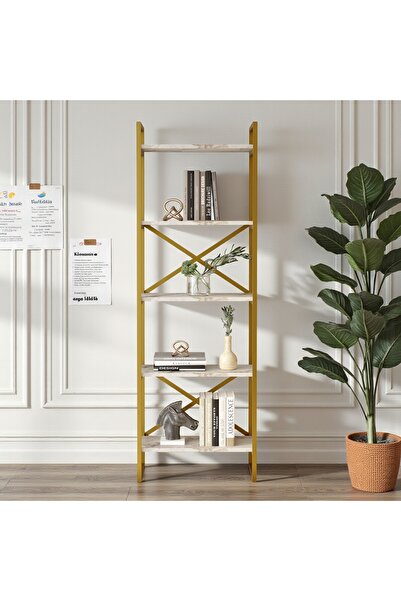 Robin Home Atlantis Gold Metal Kitaplık 5 Raflı 175cm Mermer Desen