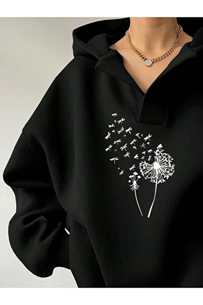 Deocept Φούτερ Unisex με λαιμόκοψη σε σχήμα V με τύπωμα με κουκούλα Basic oversized