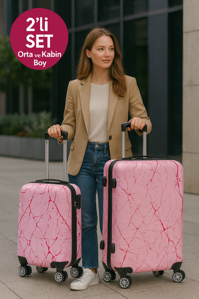 Wexta Valiz - Kabin & Orta & 2'li Set - Wx-300 Baskılı Şeker Pembe 2 'li Set ...
