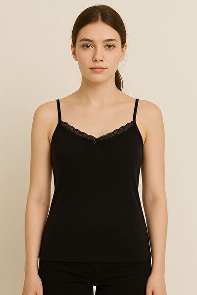 MAVİ QUMSAL Γυναικείο Μαύρο Αθλητικό Τοπ με Δαντελένια Λουράκια