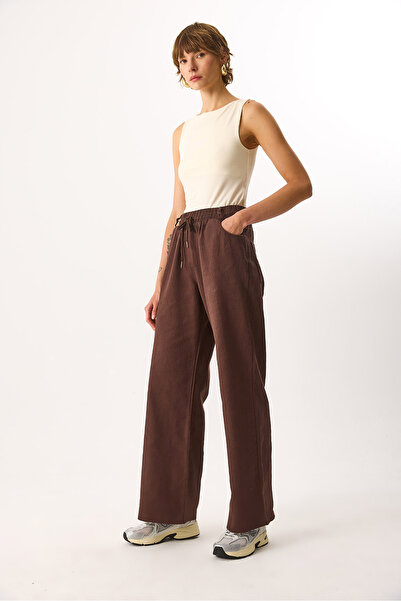 VENA Wide Leg 100% Cotton Trousers with Elastic Waist - Brown