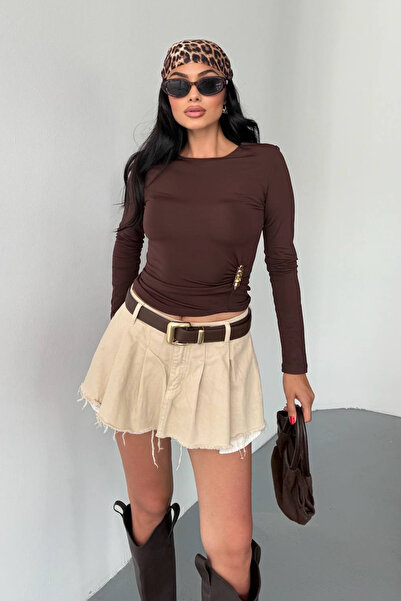 GİYSA Women's Crew Neck Long Sleeve Blouse with Accessory Detail Brown - 26K ...