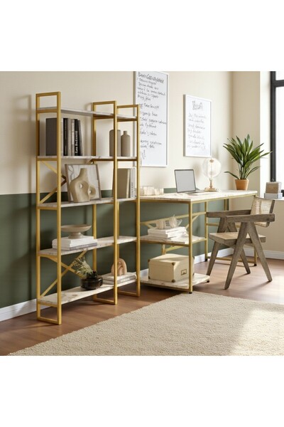 Robin Home Gold Çalışma Masası ve Gold Kitaplık Metal Ayaklı 2'li Set