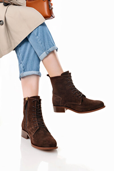 NOSEY SHOES Oslo Model Genuine Leather Brown Lace-Up Side Zipper Boots Casual Women's Boots