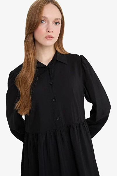 DeFacto Shirt Collar Long Sleeve Maxi Black Women's Dress F0350Ax/Bk81