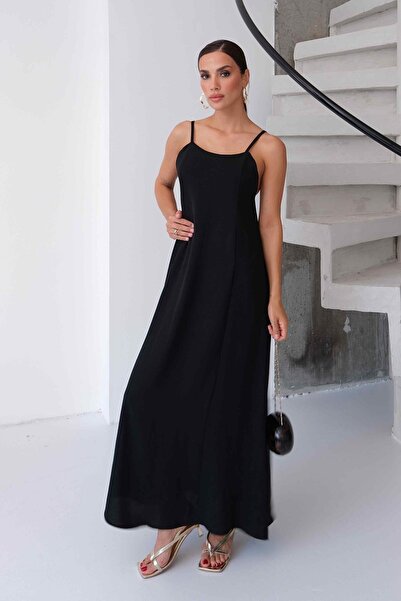 Kozac Aerobin Kumaş Ayarlanabilir Askılı Uzun Siyah Elbise