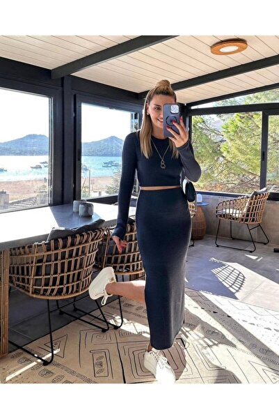 trend_ermege    Women's Soft Camisole Fabric Blouse and Slit Detailed Skirt Double Set