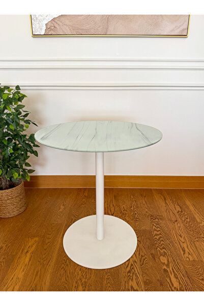 EFFE YAPI DEKOR Beyaz Mermer Desenli Modern 70 CM Yemek Masası 8 MM Temper Cam ( SADECE MASA )