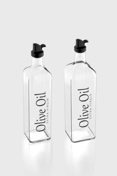 Renga Oslo Black Lid Olive Oil Written 750 ml and 1000 ml Set of 2 Glass Oil Bottles 152003