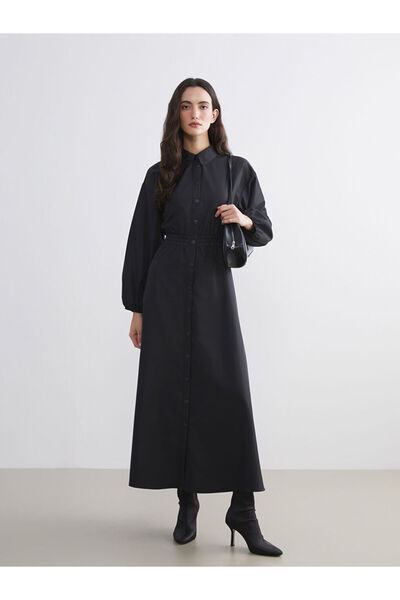 LC Waikiki فستان قميص أسود بأكمام بالون وحزام خصر