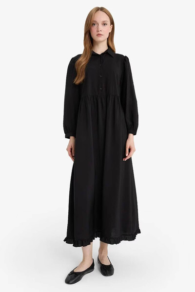 DeFacto Shirt Collar Long Sleeve Maxi Black Women's Dress F0350Ax/Bk81