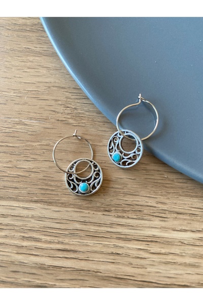 dela otantik Turquoise Stone Small Hoop Earrings |   Handmade Bohemian Authentic Vintage Bijoux Jewelry - Silver and Gold Color