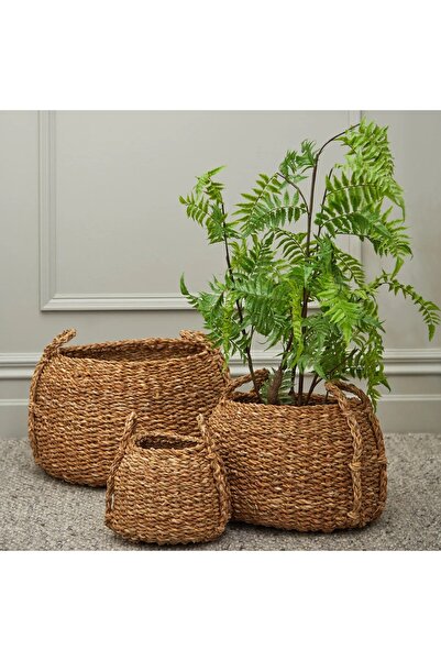 Bahçem سلة من الخوص المصنوعة من الأعشاب البحرية مع مقابض زخرفية، مجموعة من 3 ...