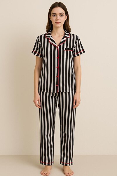 MAVİ QUMSAL Γυναικείο Σετ Πιτζάμες από Βαμβάκι σε Μαύρο Ριγέ