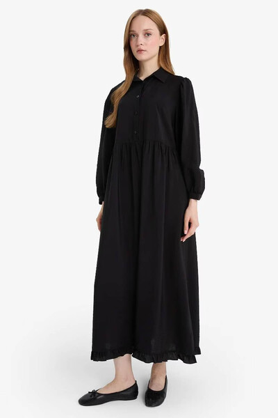 DeFacto Shirt Collar Long Sleeve Maxi Black Women's Dress F0350Ax/Bk81