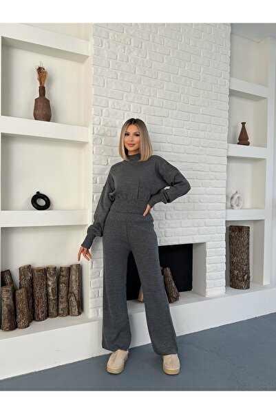 orjinal blue b Pulover cu gât rotund și pantaloni din tricot cu talie înaltă, set de tricotaje bordeaux 015