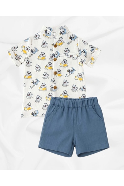 Bebeğin 50 Tonu Baby Boy Shorts and Shirt 2-Piece Set Special Design Muslin Anti-Sweat Fabric 1-1.5 2 3 4 5 Years Old