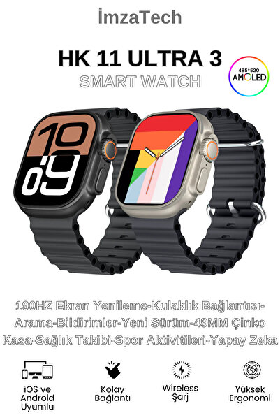 İmza Akıllı Saat HK 11 ULTRA 3 49MM Amoled Ekran Smart Watch Yeni Sürüm Tüm A...