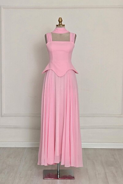 Yonca Moda Evi Pembe Korseli Şifon Etekli Abiye 9819