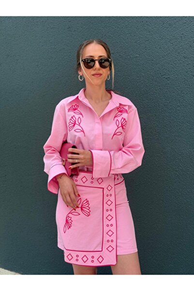 madamedoyou Pembe Nakışlı Gömlek Etek İkili Takım