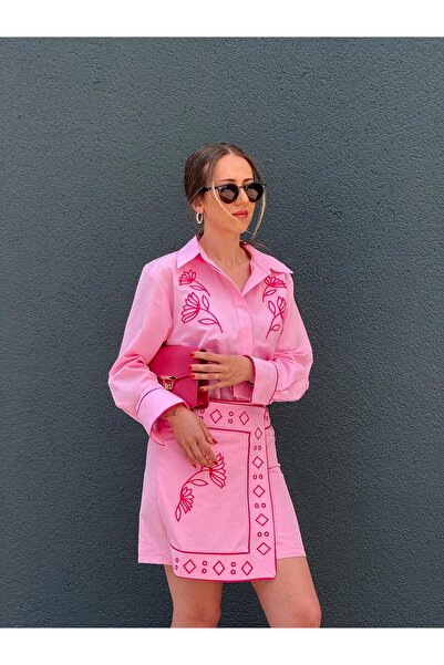 madamedoyou Pembe Nakışlı Gömlek Etek İkili Takım