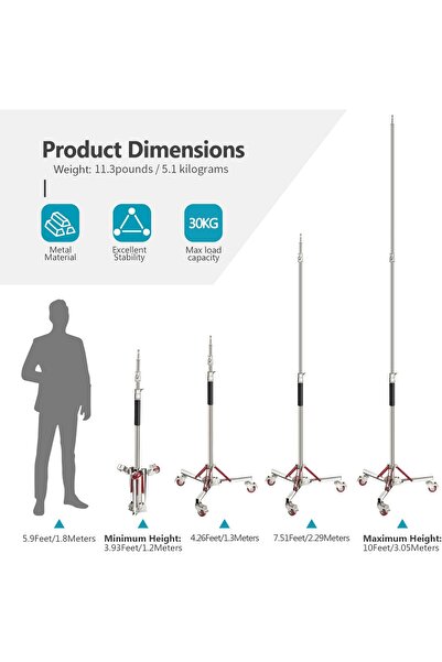 NEEWER Professional 100% Stainless Steel Wheel Stand Heavy Duty, Max Height 305 cm, Folded 120 cm