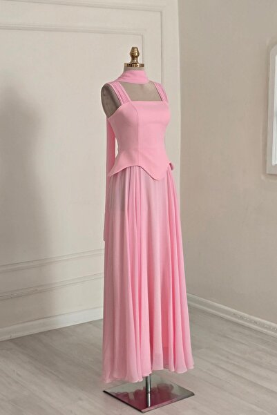 Yonca Moda Evi Pembe Korseli Şifon Etekli Abiye 9819
