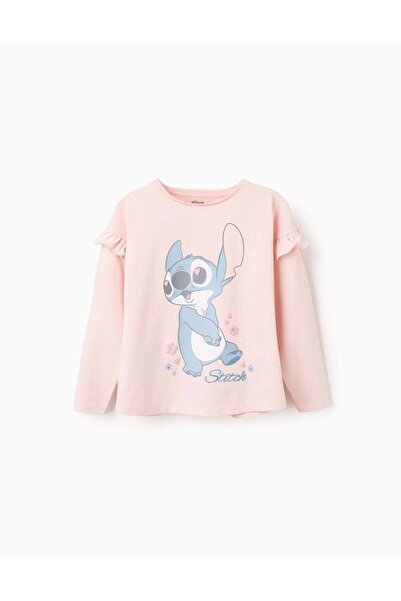 Ziddy تي شيرت قطني بأكمام طويلة للبنات "ستيتش"، وردي