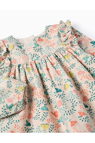 Ziddy Colourful Floral Motif Twill Tunic for Baby Girls, Beige