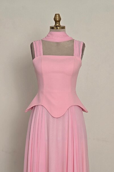 Yonca Moda Evi Pembe Korseli Şifon Etekli Abiye 9819