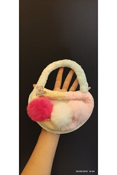 Gönülden Tasarım GEANTĂ CU POMPOANE DE PLUSH CU CUSĂTURĂ ARMA PLIED 23X19 CM