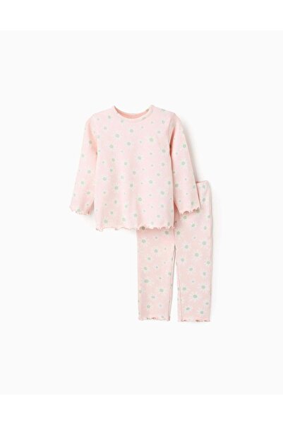 Ziddy Ribbed Pyjama with Floral Pattern for Baby Girls, Pink/White/Green