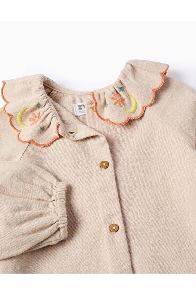 Ziddy Flower Embroidered Twill Shirt for Baby Girls, Beige