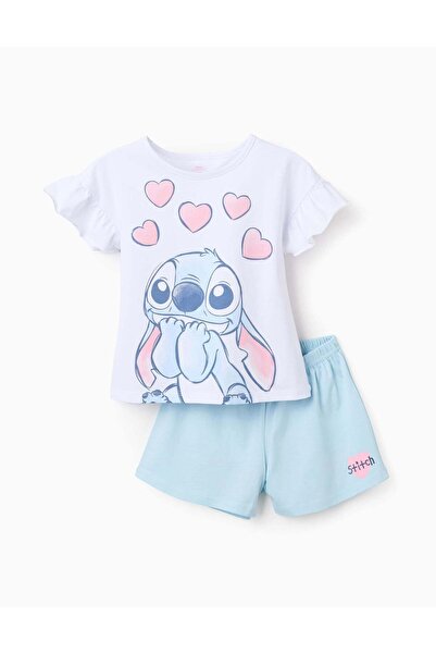 Ziddy Cotton Pyjamas with Frills for Girls 'Stitch', White/Blue