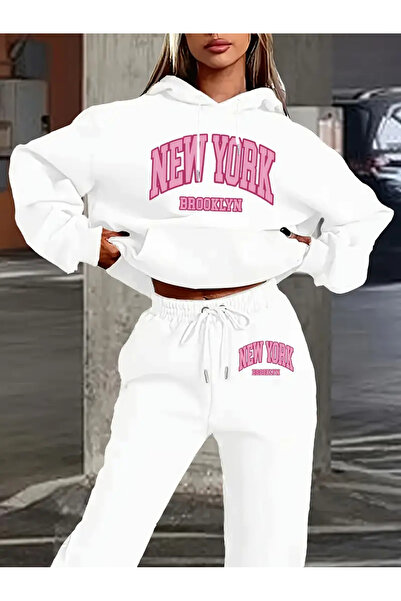 bellanova Casual Two-Piece Set for Women - "New York Brooklyn" Letter Print Hoodie & Pants, Gray,