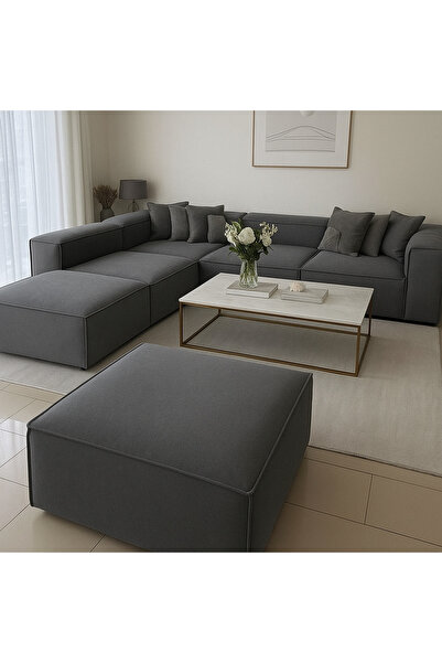 S Home Design Concept Frida 6 Modül Pofidik Modüler Kanepe L Köşe Koltuk Takımı, Keten Antrasit