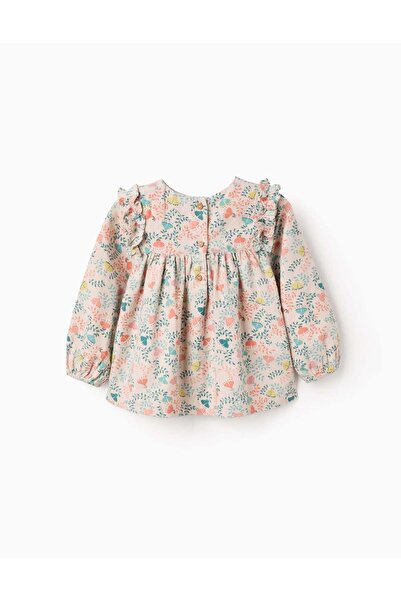 Ziddy Colourful Floral Motif Twill Tunic for Baby Girls, Beige