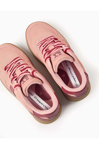 Ziddy Retro Suedine Trainers with Laces for Girls, Pink/Burgundy