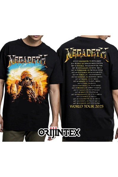 orijintex Megadeth Concert World Tour 2025 Front and Back Printed Unisex Black Tshirt