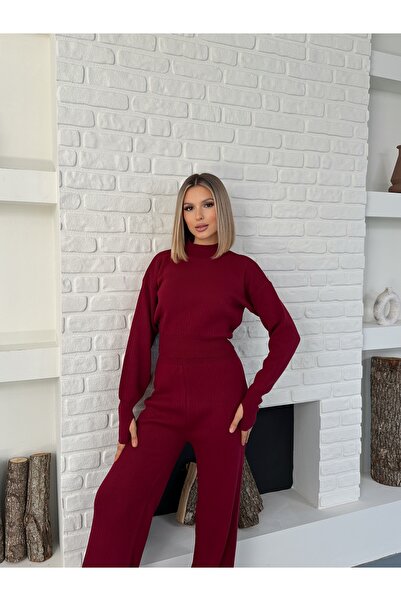 LE CARAMBOLE Women's Burgundy Half-Turtleneck Knitwear Top and Bottom Set