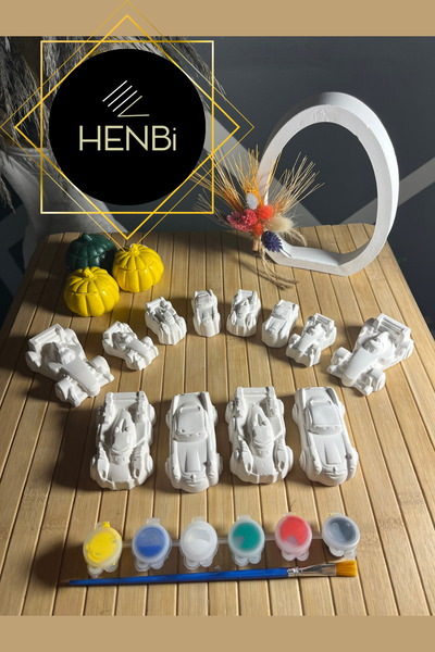 HENBi 12 Adet M ve S boy Arabalar Taş Boyama Seti Büst Figür Boyama Çocuk gel...